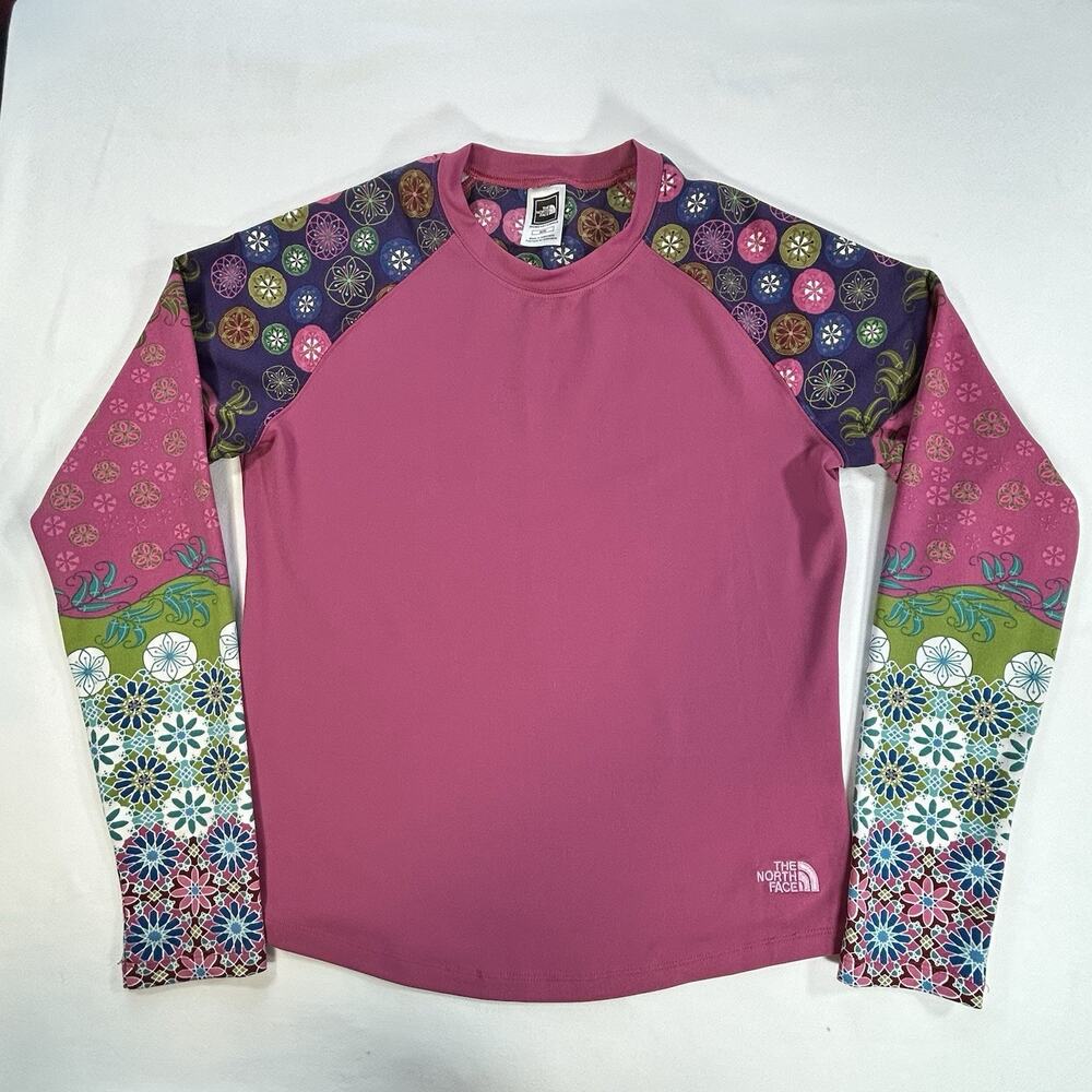 North Face Vapor Wick Long Sleeve Shirt Size M Pink With Floral Sleeves